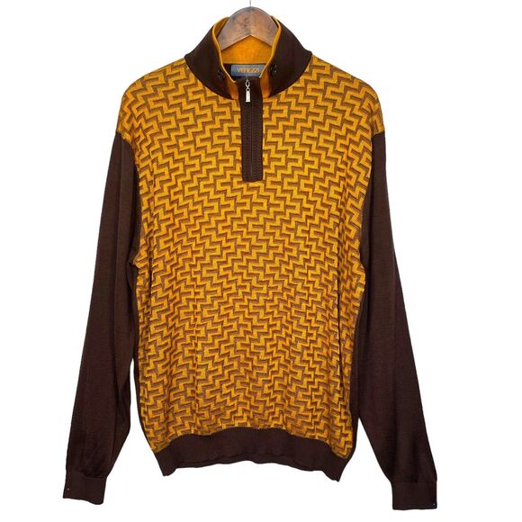 Venezzi 1/4 Zip Sweater‎ Men Size XL Brown Gold Long Sleeve High Neck Wool VTG - Picture 1 of 13